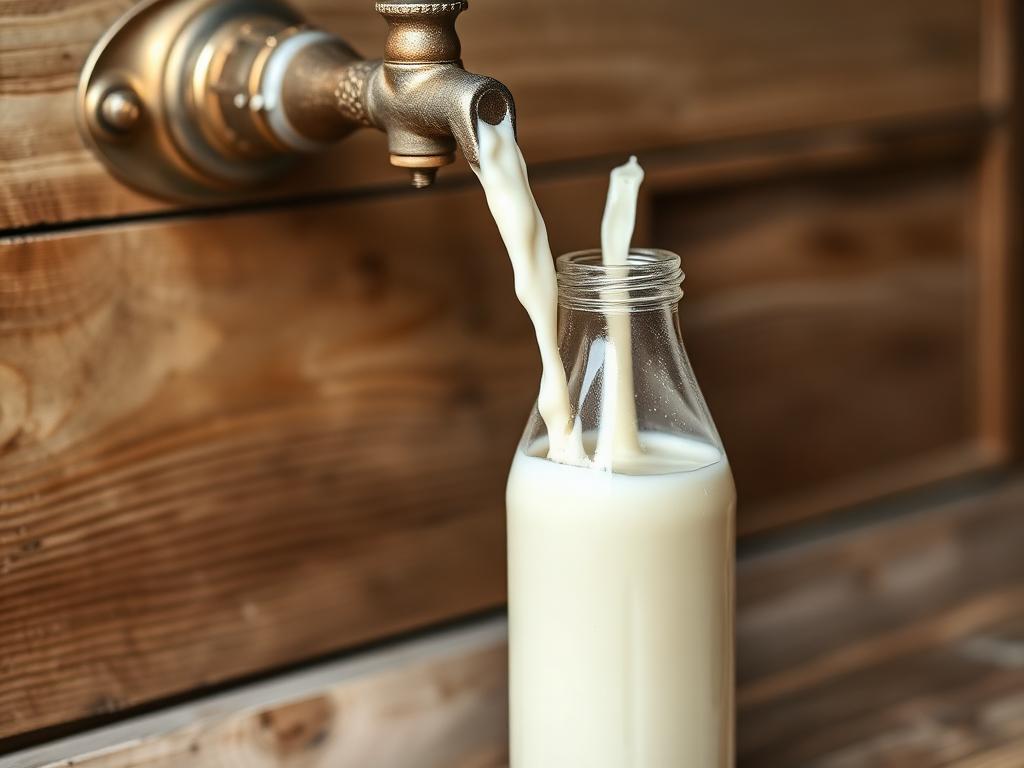 Verse melk wordt in een glazen fles getapt
